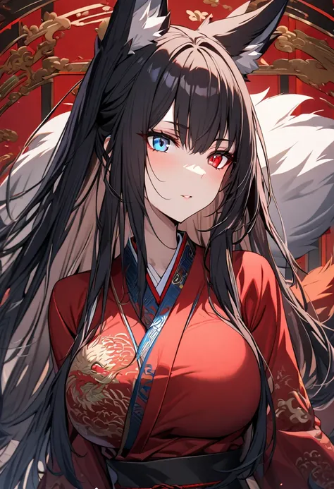 a beautiful blue and black kitsune, detailed intricate portrait, 1girl, long black hair, slim waist, big breasts, long white tail, heterochromia (one blue eye, one red eye), Black and red kimono with dragon design 