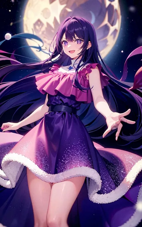 1girll，（（There is a five-pointed star in the eye））Gorgeous Hair in Long Purple，Smile，Open mouth，Christmas dress，natta，themoon，snowfield