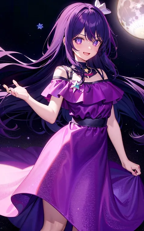 1girll，（（There is a five-pointed star in the eye））Gorgeous Hair in Long Purple，Smile，Open mouth，Christmas dress，natta，themoon，snowfield