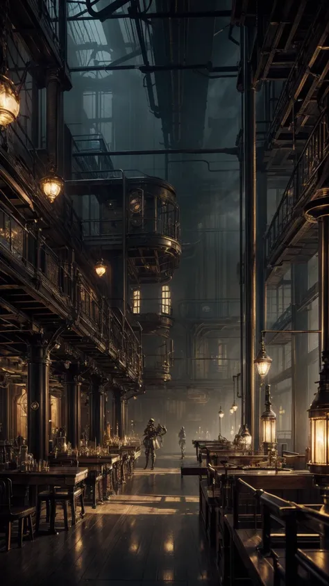 There is a big room，There are lots of lights and tables inside., steampunk factory background, matte painting of steam machines, Dreamy atmospheric lighting, steampunk Concept Art, steampunk background, Dramatic Lighting. Concept Art, In the Steampunk Lab,...