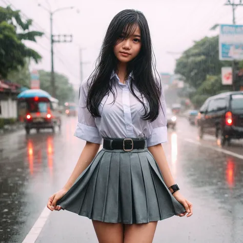 an indonesian young woman wearing a high  is getting rained on. she is holding her skirt up high to keep it from getting wet. th...