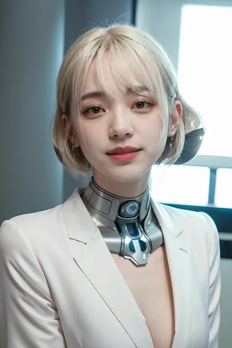 《The role of artificial intelligence》。（（（Virtual character design：Psychological counselor。miss，20 years old，white short hair，Exquisite facial features，beautiful make up，Skin details，Smile）））。（（white suit））。((Super realistic details))。 illumination, light a...