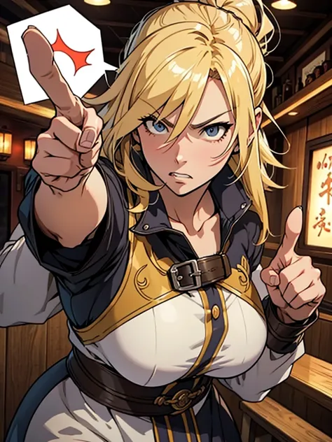 40-year-old woman、strong、Blonde、angry pointing finger、Anime Style、vigilante、guild master、tall、Bar interior background