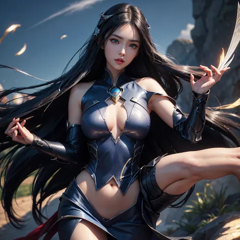 irelia from league of legends, a beautiful 24 years old woman, asian girl, dark blue long hair, blue eyes, fit body, she controls blades in the air, serious face, detailed photograph, 8k, uhd, high quality photo, bright day, grassland background, sexy girl...