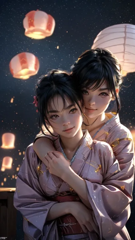 nsfw, Masterpiece, top quality, highly detailed, (Photorealistic style:1.4), Chiaroscuro style, backlighting, 2 girls, A lesbian couple in yukata, (Hug from behind, and put hand on bust, bust shot:1.6), looking at the camera with a smile, A close-up of the...