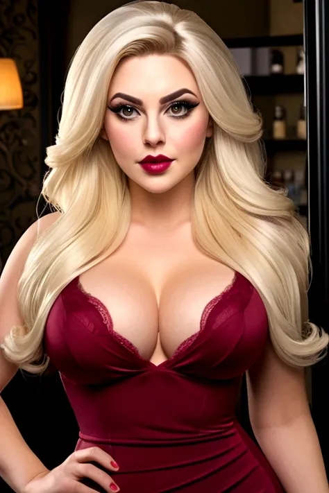 Create the most realistic stunningly gorgeous beautiful glamorous crazy ex girlfriend, hyper realistic detailed gorgeous seductive face, curved platinum blonde eyebrows, long luscious eyelashes, black eyeliner, black eye shadow, lipstick, perfect makeup, c...