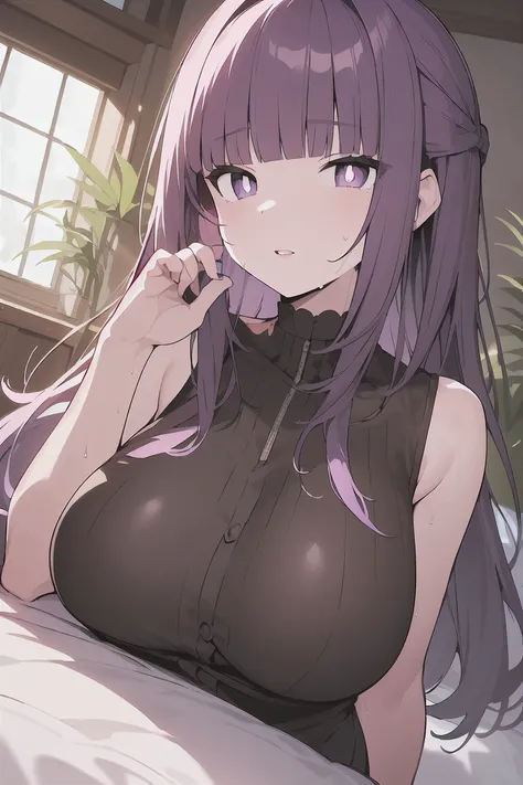 (best quality), (Super detailed), (Best Illustration), (masterpiece), score_9, score_8_up, score_7_up, (4k), nsfw, (1woman), (large breasts), (detailed eyes), parted lips, sweat, fern, long hair, bangs, (purple eyes:1.1), purple hair, sidelocks, blunt bang...