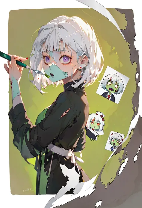 How to cut paper, 1 Zombie Girl, Self snap、Bob Hair、White Hair