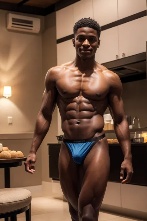 1boy, (Blue Eyes), happy smile,American boy,16 years old,young, slim body, slender, skinny body build, child-like,Handsome sexy black man, perfect body, male body aesthetics, skin texture, chocolatier, strip, preparing chocolate dessert, warm atmosphere of...