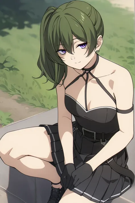 ubel,1girl,green hair, bangs,hair between eyes,side ponytail, purple eyes,
black choker, collarbone, sleeveless, black dress,sleeveless dress, halterneck,pleated skirt, black gloves,belt,black footwear,
looking at viewer, half-closed eyes, expressionless, ...