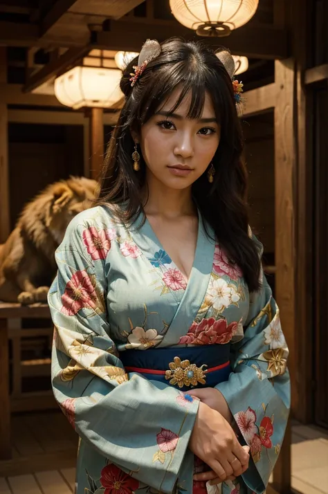 A beautiful girl in a traditional Japanese kimono, holding a majestic lion, looking directly at the viewer, wearing exquisite jewelry, (best quality,4k,8k,highres,masterpiece:1.2),ultra-detailed,(realistic,photorealistic,photo-realistic:1.37),HDR,UHD,studi...