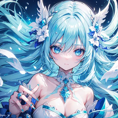 white hell, blue hair, aqua eyes, detailed face, blue nails, looking at viewer, white dress, ring, light blush, hair ornament, flower hair ornament, aqua bows, hair floating upwards, jewellery
