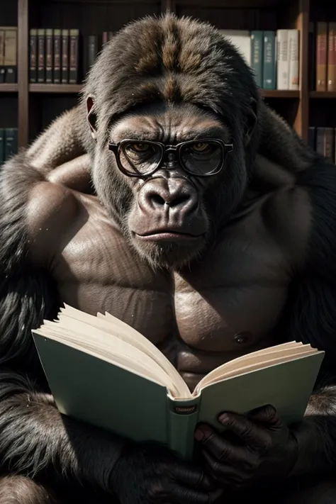 An angry looking gorilla, wearing glasses and studious, in a library full of books and studying 