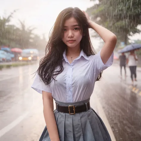 an indonesian young woman wearing a high  is getting rained on. she is holding her skirt up high to keep it from getting wet. th...