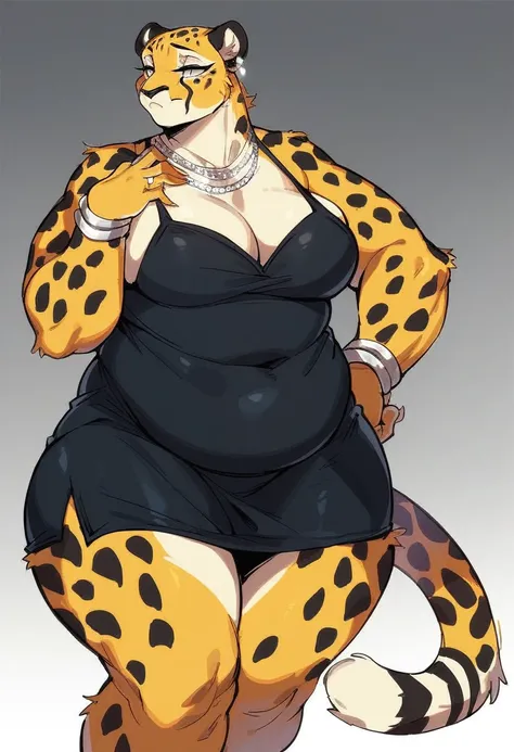 "a fluffy anthropomorphic (golden) (cheetah) (golden yellow fur silver eyes fat and large black cheetah markings) wearing (fancy black dress), high quality digital art" Female cheetah, fat, fat belly, fat thighs, fat arms, lovehandles, big breasts, silver ...