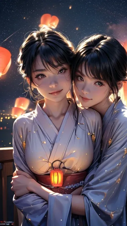 nsfw, Masterpiece, top quality, highly detailed, (Photorealistic style:1.4), Chiaroscuro style, backlighting, 2 girls, A lesbian couple in yukata, (Hug from behind, and put hand on bust, bust shot:1.6), looking at the camera with a smile, (A close-up of th...