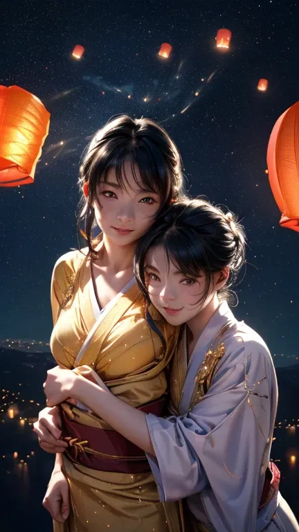 nsfw, Masterpiece, top quality, highly detailed, (Photorealistic style:1.4), Chiaroscuro style, backlighting, 2 girls, A lesbian couple in yukata, (Hug from behind, and put hand on bust, bust shot:1.6), looking at the camera with a smile, (A close-up of th...