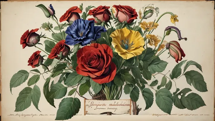 botanical art, fluidly rendered and subtly colored study of  roses, fruits and bearded irises arranged in a bouquet. front view,...