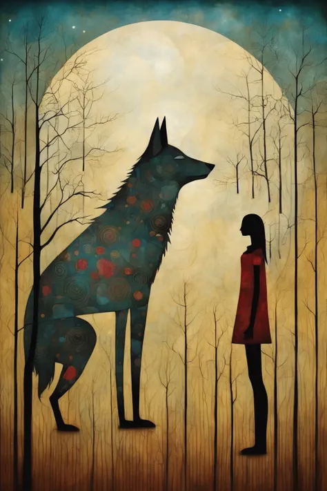 Tracy Grimwood Style - In the style of Andy Kehoe and Paul Klee『Beautiful girl and wolf war』、Masterpiece、