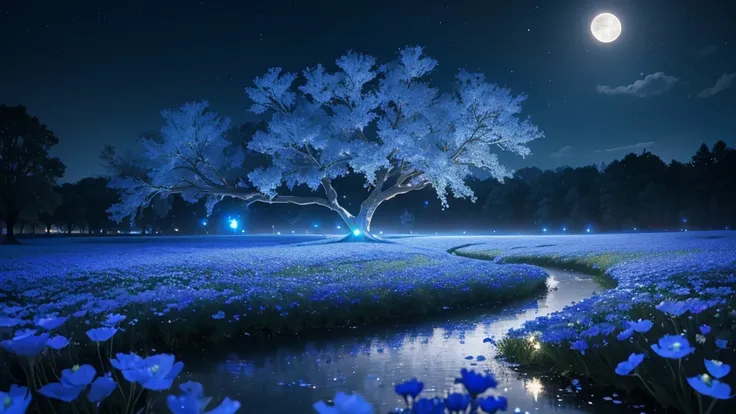 a field of glowing nemophila flowers under a night sky with a full moon, ethereal blue-tinted world, fish swimming through the sky, fantasy, highly detailed, 8k, (best quality,4k,8k,highres,masterpiece:1.2),ultra-detailed,(realistic,photorealistic,photo-re...