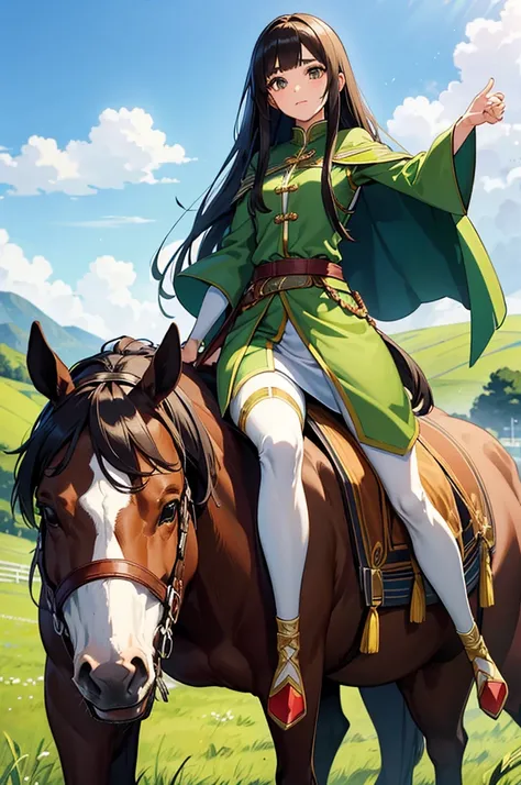 Tall slim brunette woman, He has long hair and a side-fringe hairstyle. , big brown eyes eyelashes not very long, oval face short thin eyebrows , .He is wearing a green exploration lejin-style cape.,a white pantalon. Rides a horse in the field green grass ...