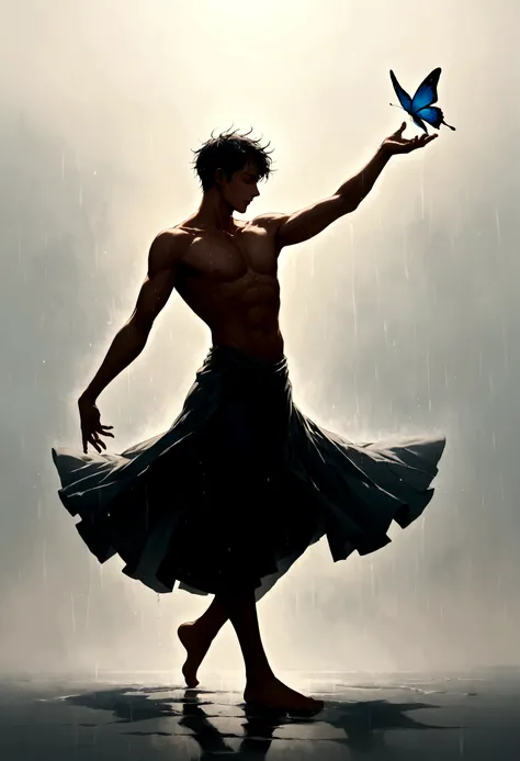 Soul Dancer Mark,A homeless man dancing alone in the rain，soul，Barefoot，Loose and worn clothes，Professional ballet movements，Fingertips 1 butterfly，Very contagious，Splash，Light and Shadow，Minimalism，artistic conception，Clean background