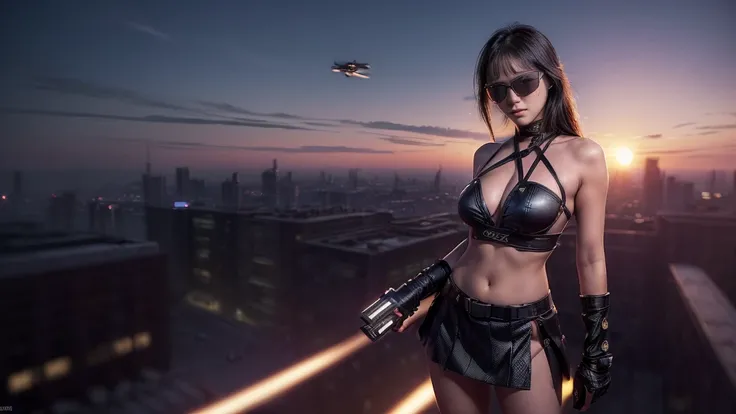 (((At night, ((very dark sunset sky)), (((1girl, solo))), a western woman, photo realistic, large-breast:1.2 slim body, cleavage, off tube top, short pleated miniskirt, standing on rooftop, (((matrix style black sunglasses))), (((aiming towards viewer with...