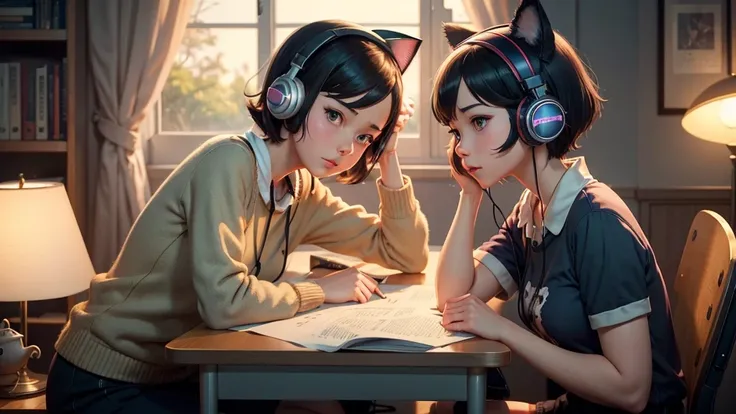 anime girl with headphones sitting at desk with cat and lamp, artgerm and atey ghailan, lofi girl, lofi artstyle, lofi art, atey ghailan 8 k, in style of atey ghailan, inspired by Atey Ghailan, lofi feel, loish and ross tran, lofi portrait, by Atey Ghailan