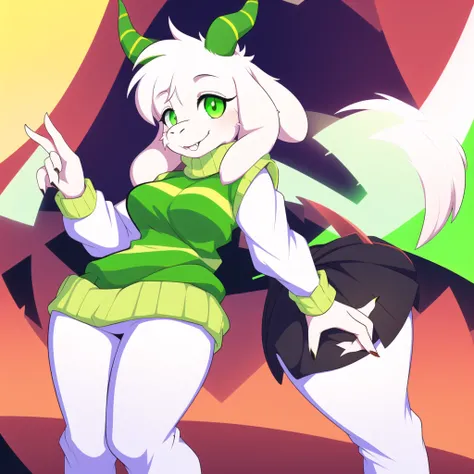 (best quality, masterpiece:1), furry female anthro asriel goat girl, solo, standing pose, female sexy body, (green striped sweater:1.1), white goat horns, (red pants:1.2), green eyes, smile, looking at viewer, (abstract background:1.0), 