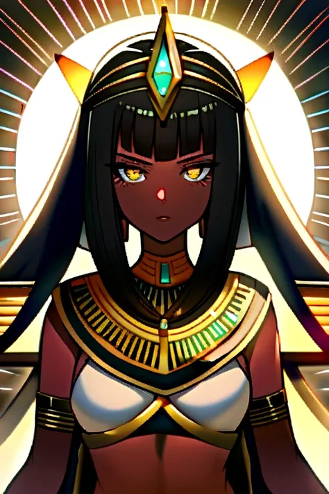 An Egyptian with black hair brown skin, golden eyes wearing a pharaoh clothes 