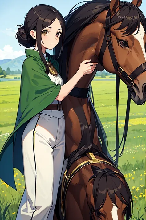 Tall slim brunette woman, She has long hair, hair up, hairstyle with side bangs. , big brown eyes eyelashes not very long, oval face short thin eyebrows , .He is wearing a green exploration lejin-style cape.,a white pantalon. Rides a horse in the field gre...