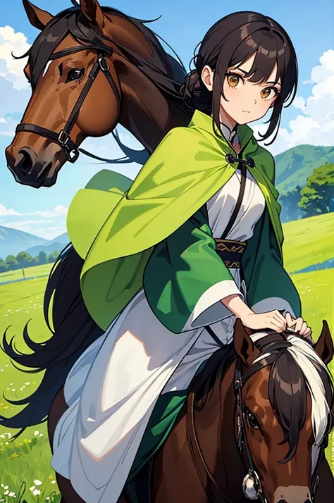 Tall slim brunette woman, She has long hair, hair up, hairstyle with side bangs. , big brown eyes eyelashes not very long, oval face short thin eyebrows , .He is wearing a green exploration lejin-style cape.,a white pantalon. Rides a horse in the field gre...