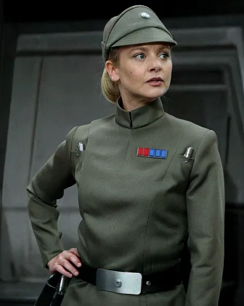 melissa joan hart, in olive green imperial officer uniform and hat, blonde short ponytail, tiny freckles