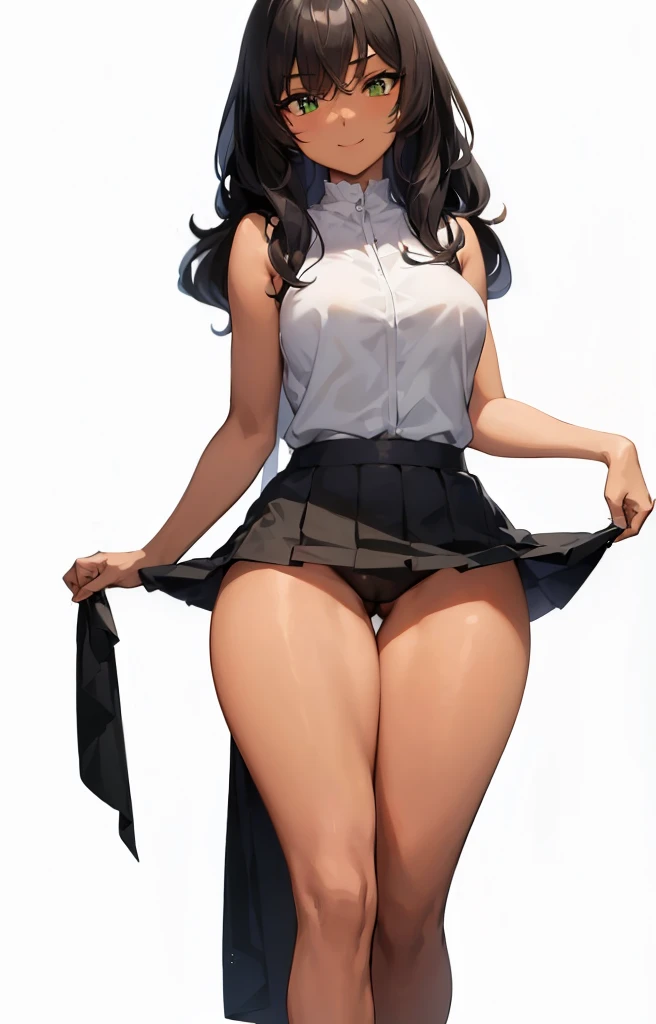 (Masterpiece, Best Quality:1.2), (detailed anime face) (detailed female anime eyes)) (natural eyebrows)full body well proportioning to a girl ((female long hair)), Dark skin, (Black straightened hair), green eyes, SMILE, sleeveless, (Short skirt), sexy hip...