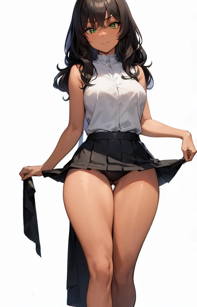 (Masterpiece, Best Quality:1.2), (detailed anime face) (detailed female anime eyes)) (natural eyebrows)full body well proportioning to a girl ((female long hair)), Dark skin, (Black straightened hair), green eyes, SMILE, sleeveless, (Short skirt), sexy hip...