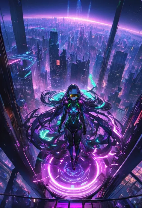 On the terrace of the Central Park Tower, A girl with glasses, purple hair, with headphones from ear, naturey, blue neon lights, purple and green, in the background view of New York City, full moon with energy flow, night sky, futurist, (work of art, ultra...