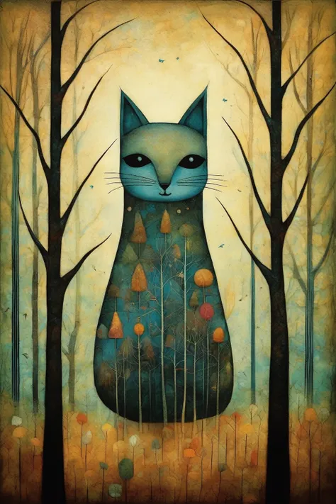 Tracy Grimwood Style - In the style of Andy Kehoe and Paul Klee『Many animals in the forest』、Masterpiece、