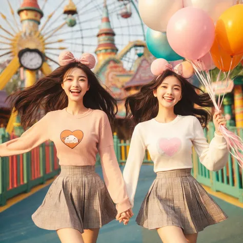 (SFW), two running girls, amusement park, holding balloons, happy, happy, perfect quality, clear focus, colorful, perfect face, intricate details, ultra-low viewing angle, wide angle lens --v 6