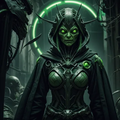 make an alien race. an old witch who looks like a zombie. futuristic race with cyberpunk style technology with green skin and green accessories.