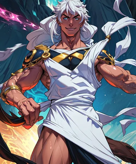 (((Luxurious shoulder-length white hair, dark complexion, and sexy smirk.))) (((18 years old.))) (((18yo.))) (((Cute smirk.))) (((Single character image.))) (((1boy)))Visualize a spellbinding male wizard set against the backdrop of a medieval fantasy world...