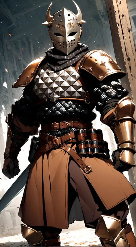 1boy, armor, light armor, gambeson, chainmail, brown pants, boots, copper armor, chestplate, bandolier, belts, shoulder plates, light shoulder armor, arm armor, leg armor, side skirts, black skirts, tattered scarf, black scarf, metal face, metal mask, fenc...