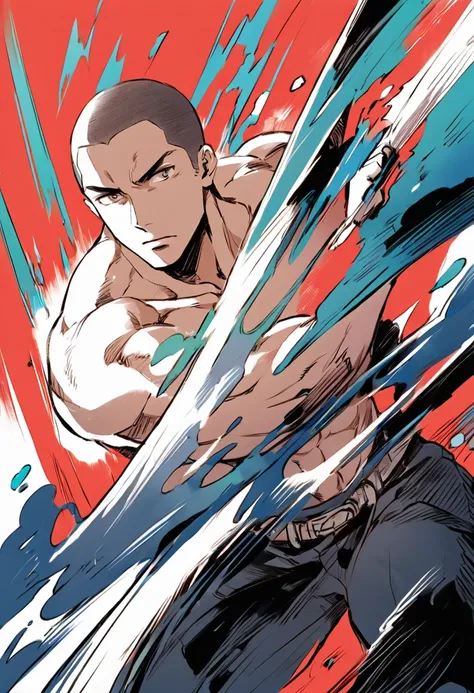 Chinese swordsman，Male swordsman，muscular，short hair，Buzz Cut，Handsome，Simple lines，Abstract Art，Holding a red long sword，