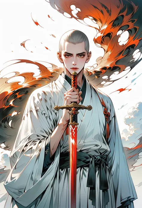 Chinese swordsman，Male swordsman，muscular，short hair，Buzz Cut，Handsome，Simple lines，Abstract Art，Holding a red long sword