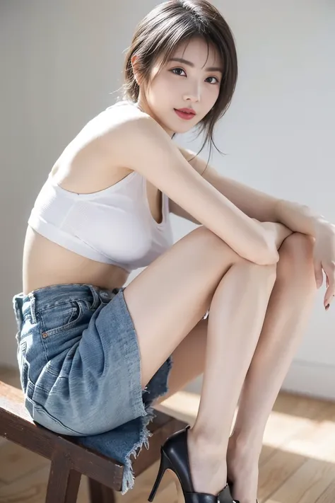 Highest quality, Realistic, Great details, Exquisite, High resolution, 8k wallpaper, One beautiful woman, full body, Light brown messy hair. 
全body像: short, Low waist micro denim skirt, Dilapidated, gray, Wrinkle, There is a wound.., And tears. thin, Confu...