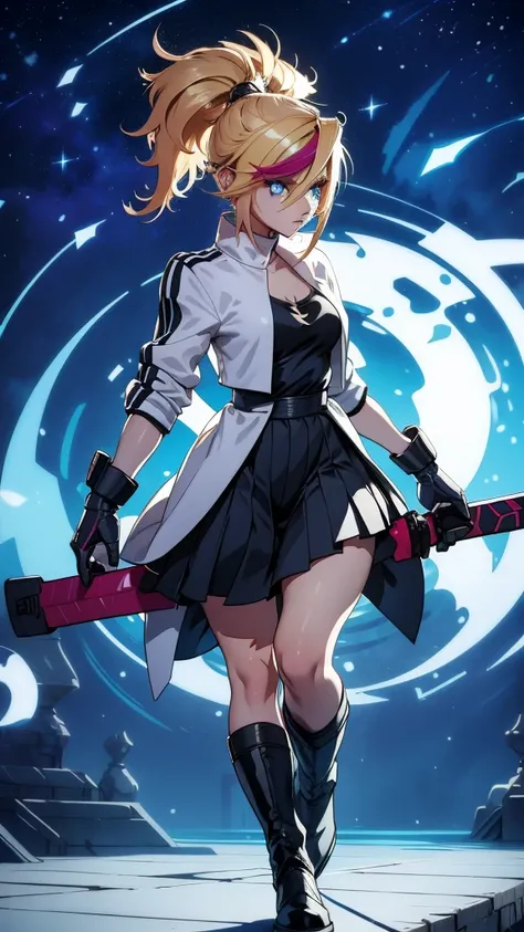 1 girl, ultra long hair, ultra detailed face, glowing lips, glowing blue eyes, very long ponytail, elegant walk, catwalk, holding down a  giant katana, blonde, long eyelashes, long boots , looking to the sky, starry sky, a ultra giant katana 