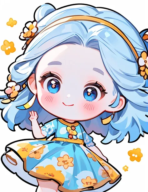 A cute chibi-style girl with blue hair. She has large, expressive eyes and a small, round body. The blue-haired girl is wearing a colorful outfit and has a cheerful expression on her face. The background is simple and light to highlight the character.
