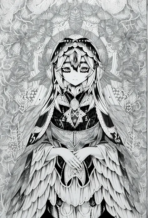 (A black and white coloring book:1.5), ( absurd, high quality, super detailed, masterpiece, concept art, Smooth, highly detailed artワーク, super realistic painting ) , small ,A fairy with delicate wings collecting dew drops from leaves, Brilliant, dream-like...