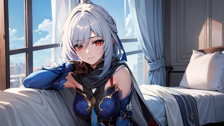 masterpiece, best quality, JingliuV5, 1girl, solo, looking at viewer, red eyes, gloves, , white scarf, scarf on neck, sailor collar, white cape, sitting on bed, indoors, bedroom, windows, blue sky, warm smile, upper body. closed mouth,