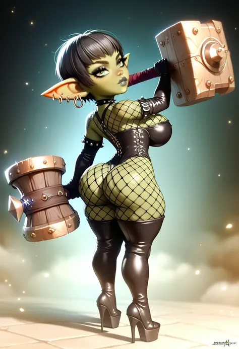 Girl, goblin girl, goblin, green skin, short, short stature,short hair, black hair, large breasts, miniskirt, latex, long gloves, thigh boots, goth, pouty lips, masterpiece, best quality, sexy, dynamic pose, 8k, shortstack, bubble butt, sfw, shiny, fantasy...