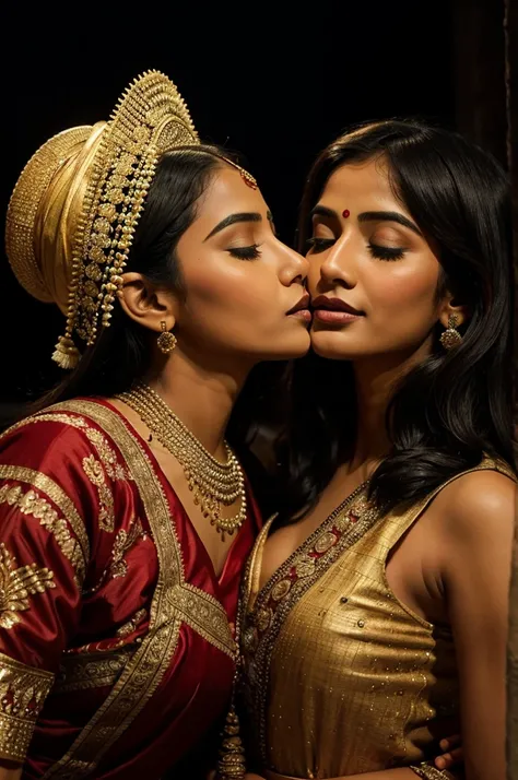  A couple of people kissing in the dark. The woman is wearing a traditional South Asian outfit.